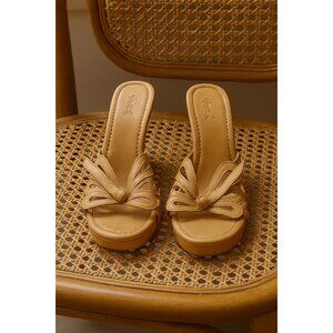Qupid Tan Wedge Slide Sandals 8.5M Cutout Bow Detail Platform Heels Y2K Coastal